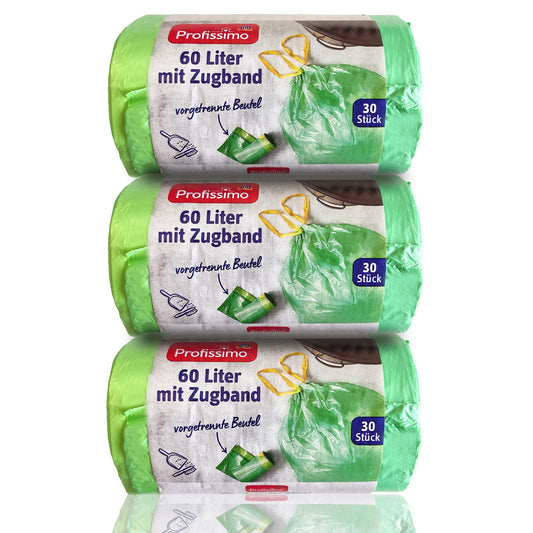 Zugband Müllbeutel - 60 Liter (90 Stück) - Reißfest & Flüssigkeitsdicht - 3er Pack (3 x 30 Stück) - Einfach einzeln entnehmbar ohne abreißen