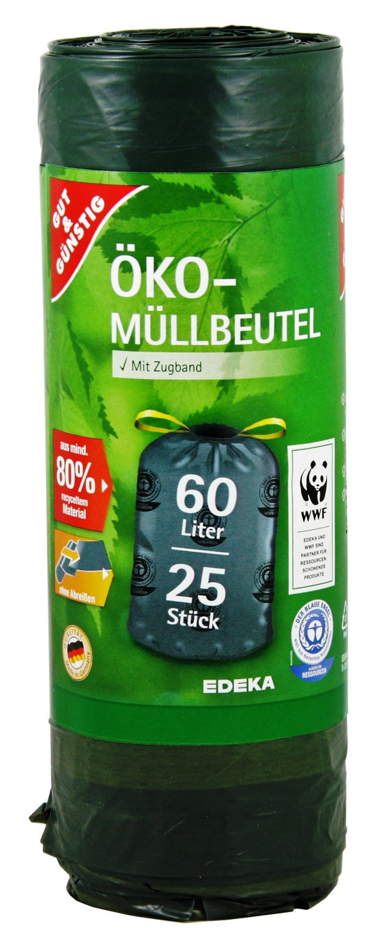 Öko Müllbeutel mit Zugband - 60 Liter - Besonders Reißfest & Flüssigkeitsdicht - "Blauer Engel" Zertifikat (1er Pack)