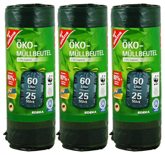 Öko Müllbeutel mit Zugband - 60 Liter - 75 Stück - Besonders Reißfest & Flüssigkeitsdicht - "Blauer Engel" Zertifikat 3er Pack (3x25 Stück)